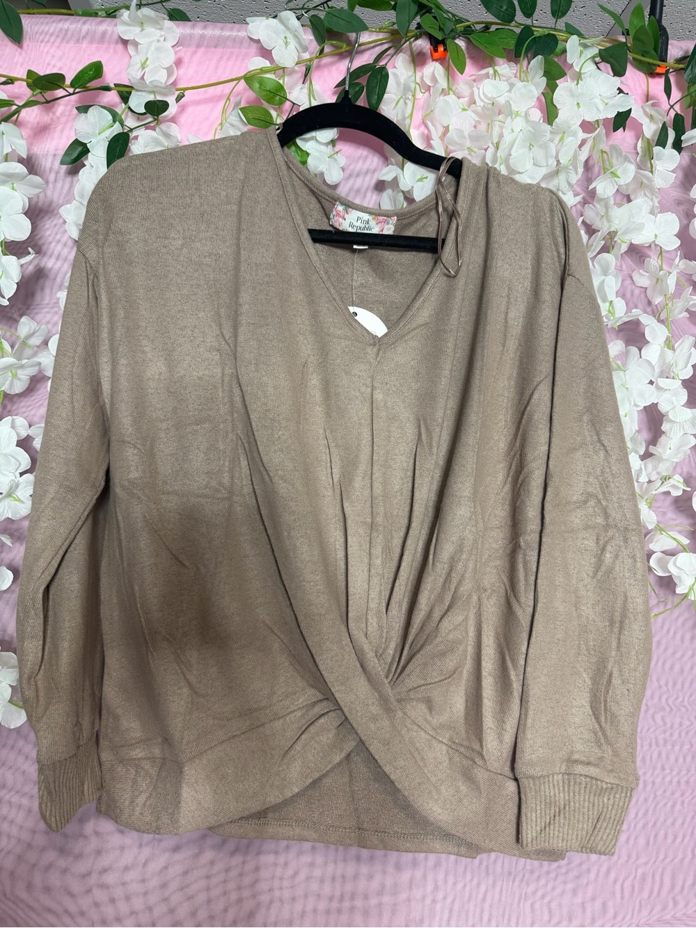Pink Republic Taupe Twist-Front V-Neck Sweater